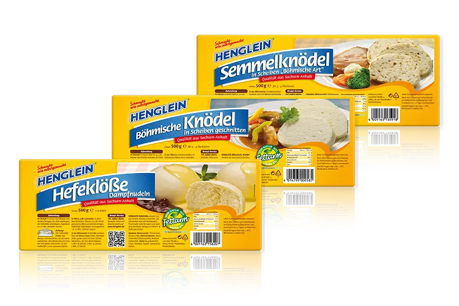 Bildkomposition aus den Produktverpackungen Hefeklöße, Böhmische Knödel und Semmelknödel von HENGLEIN