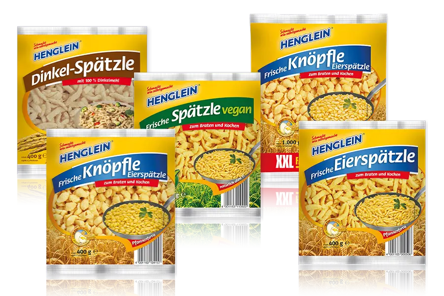 Bildkomposition aus den Produktverpackungen Dinkel-Spätzle, Spätzle vegan, Knöpfle und Eierspätze von HENGLEIN