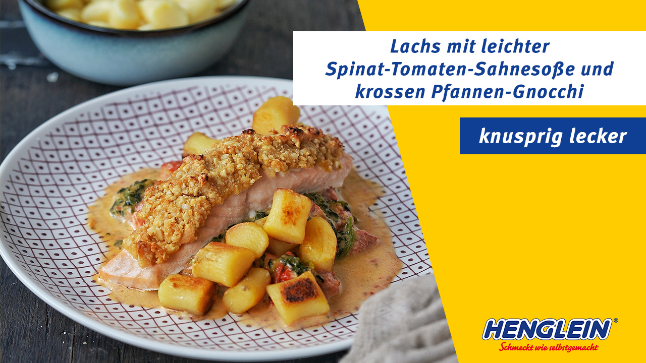 Lachs mit Nusskruste und leichter Sahnesoße und krossen Pfannen-Gnocchi